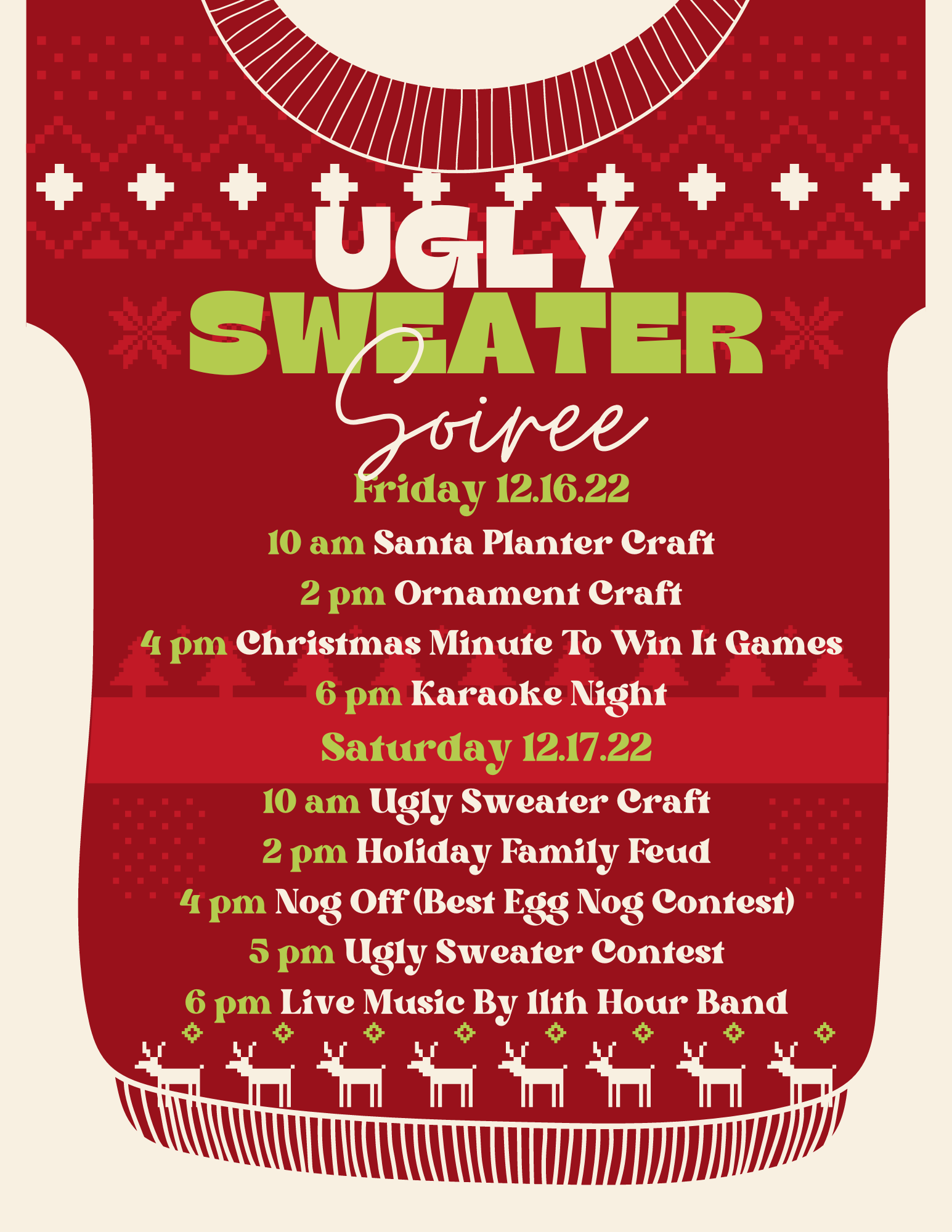 Ugly Sweater Soiree Acitvity Schedule