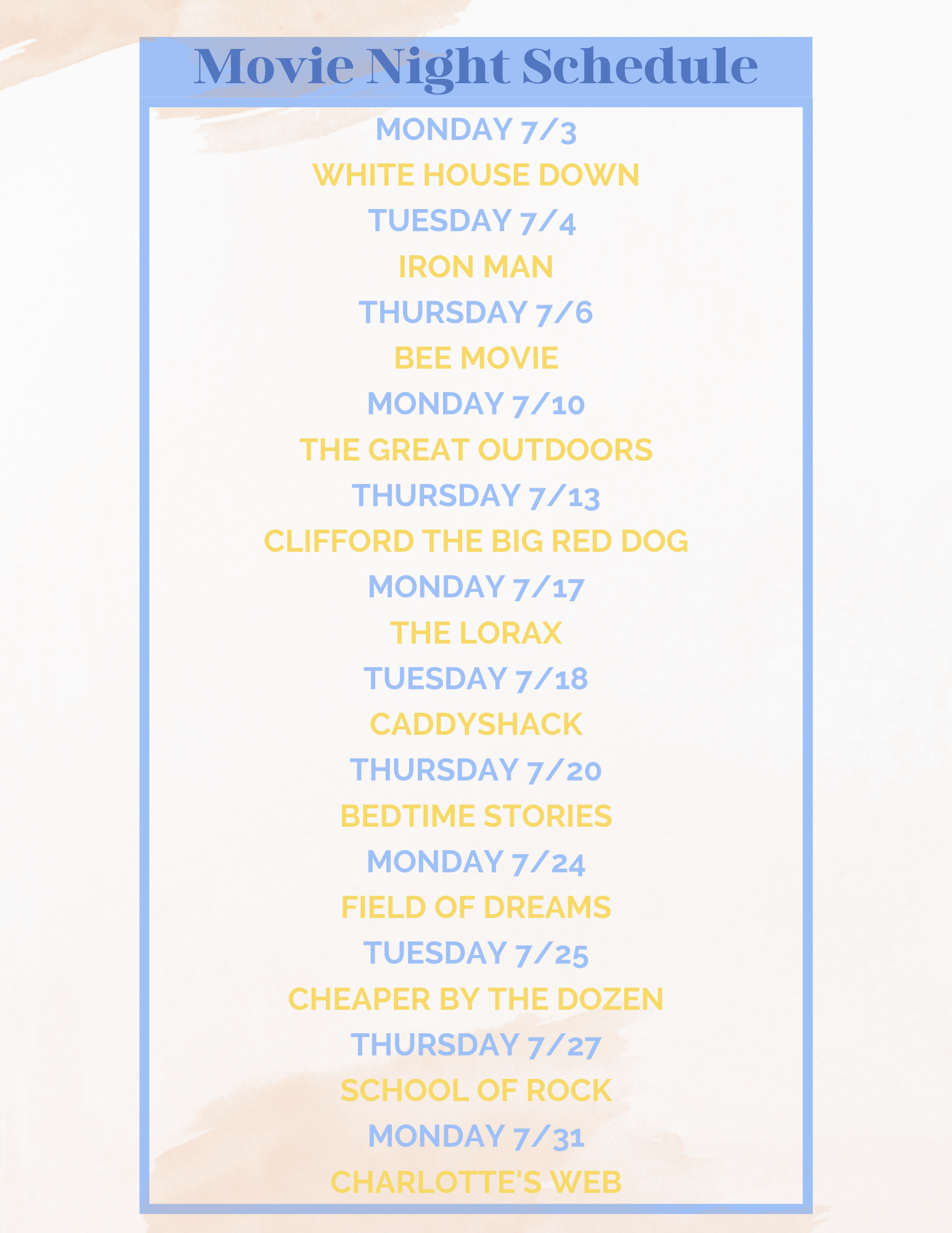 Island Oaks July Movie Night Schedule