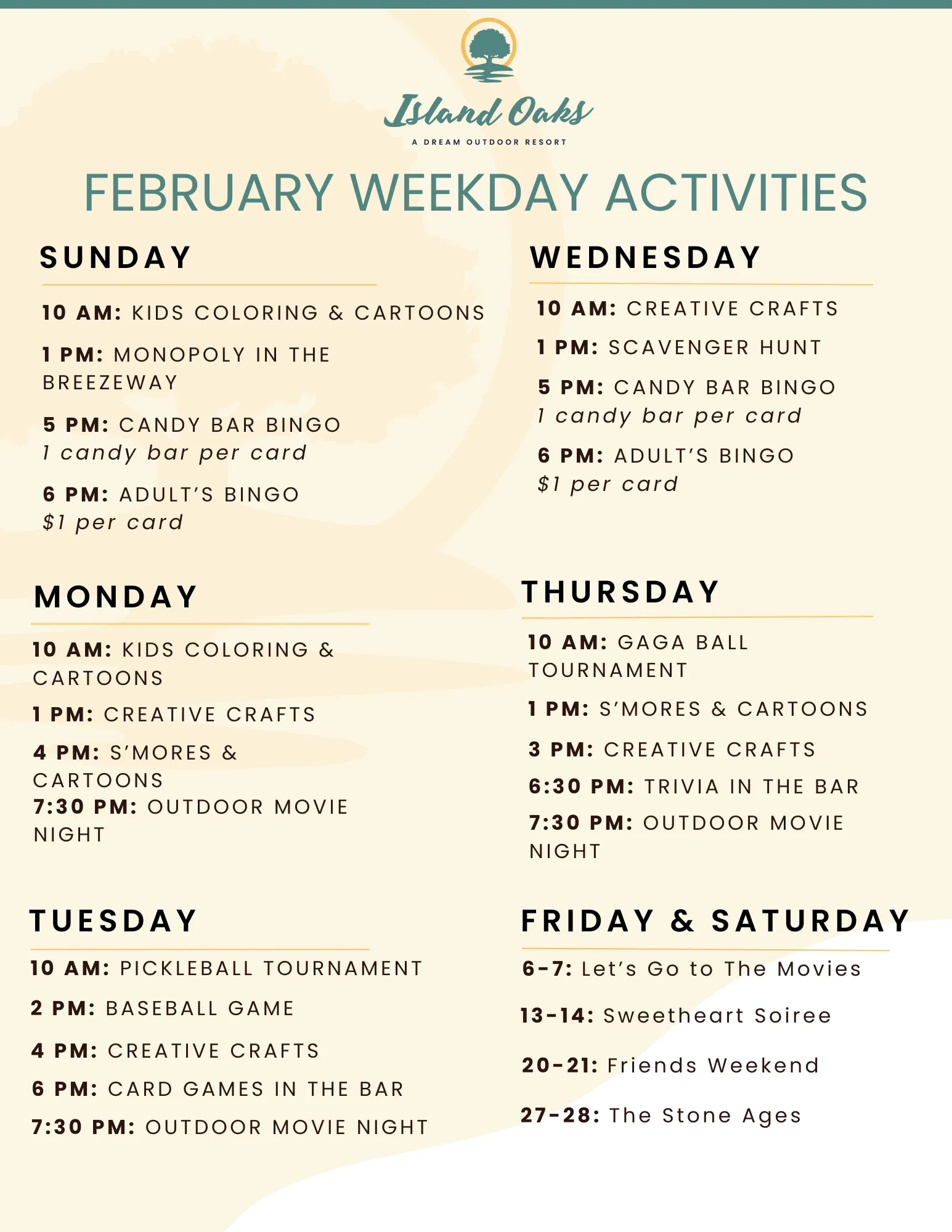 February Weekday Activities at Island Oaks