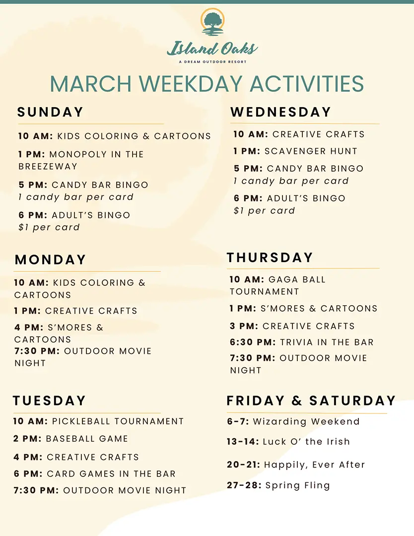 March Weekday Activities at Island Oaks