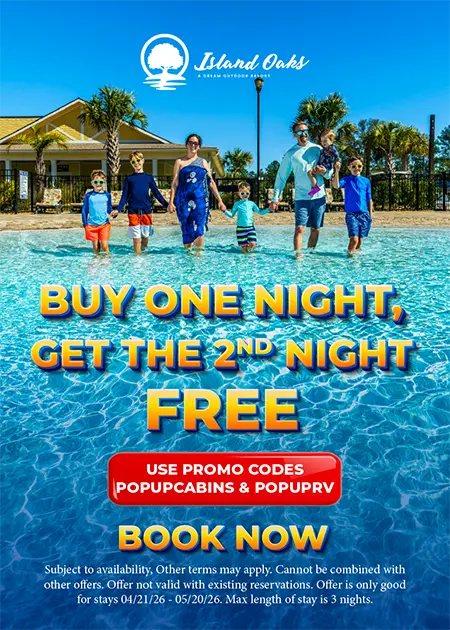 Buy One Night, Get the 2nd Night Free: Use Promo Codes PopUpCabins & PopUpRV