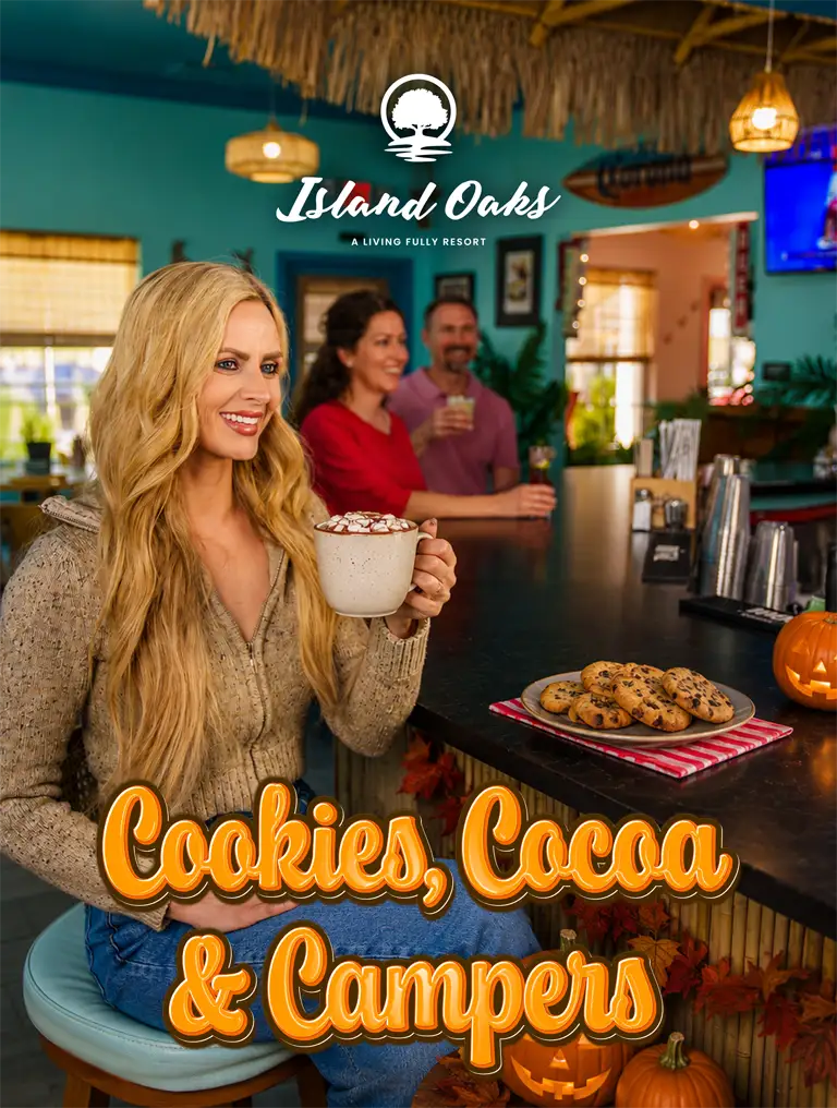 Cookies, Cocoa and Campers: Woman holding a mug of cocoa at The Palms Lounge