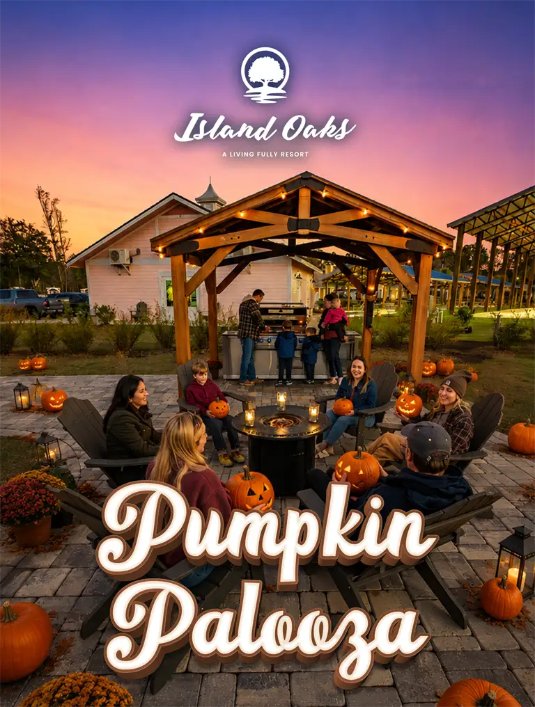 Pumpkin Palooza: Resort guests holding pumpkins around a fire pit