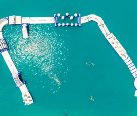 Island Oaks Swimming Lake inflatable obstacle course, bird’s eye view
