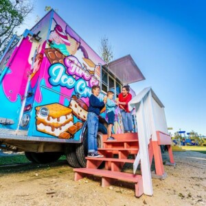 Kids with ice cream cones at the Fire & Ice Cream truck at Island Oaks